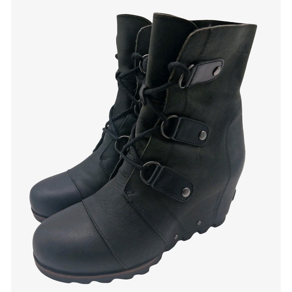 Sorel Boots Womens Size 9 Black Leather Wedge Ankle Lace Up Booties NL1987-010